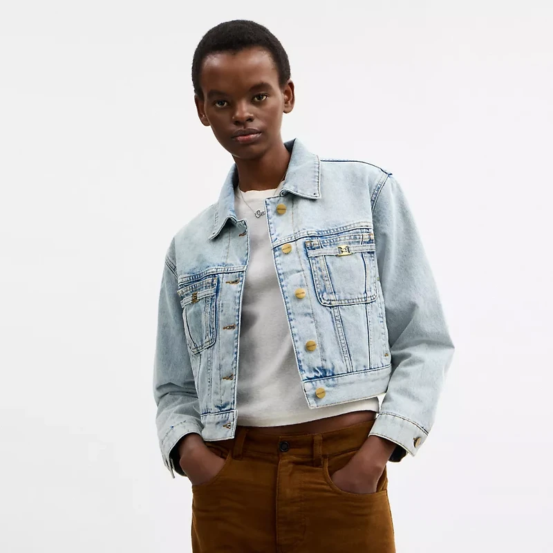Cropped Heritage C Denim Trucker Jacket Organic Cotton With Shearling Collar