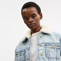 Cropped Heritage C Denim Trucker Jacket Organic Cotton With Shearling Collar