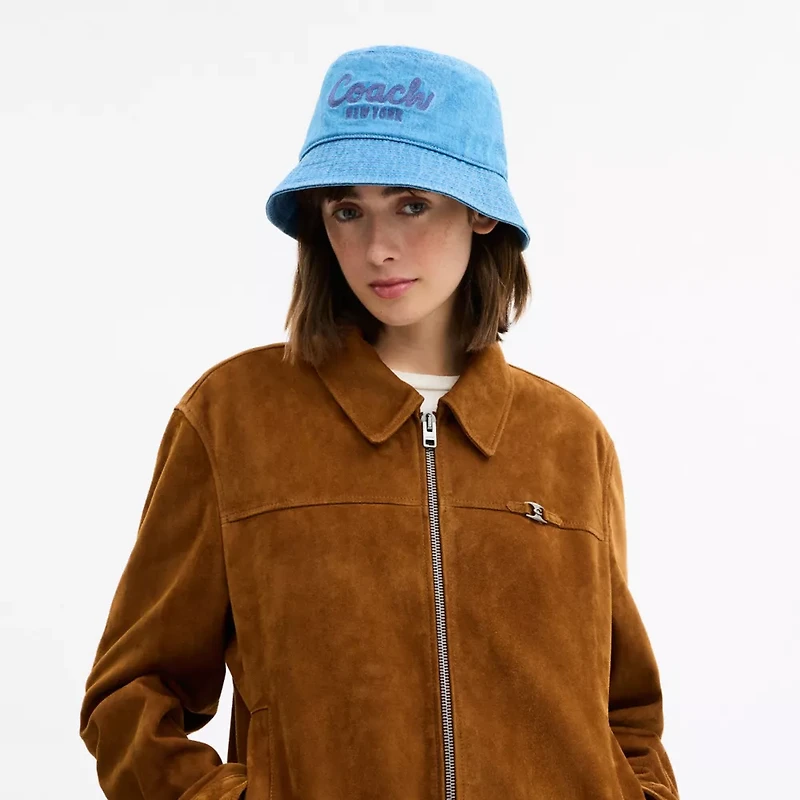 Coach Script Embroidered Denim Bucket Hat