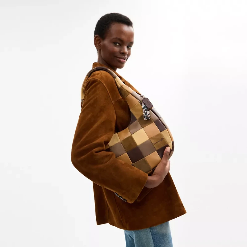 Alter/Ego Crescent Shoulder Bag In Checkerboard Upcrafted Suede
