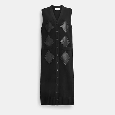 Leather Patch Long Cardigan Vest