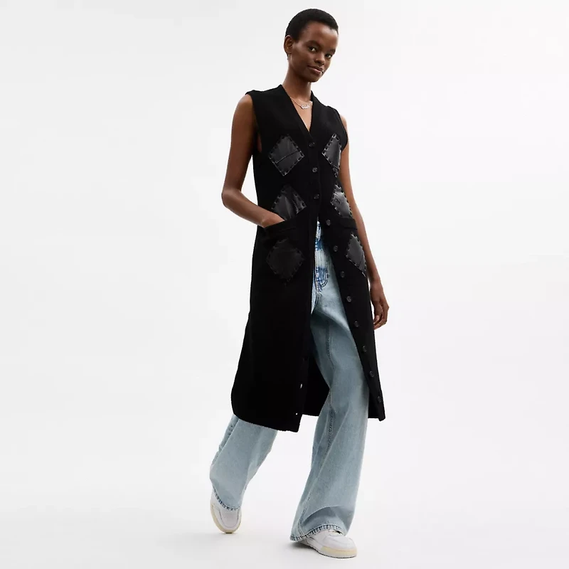 Leather Patch Long Cardigan Vest