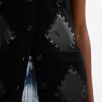Leather Patch Long Cardigan Vest