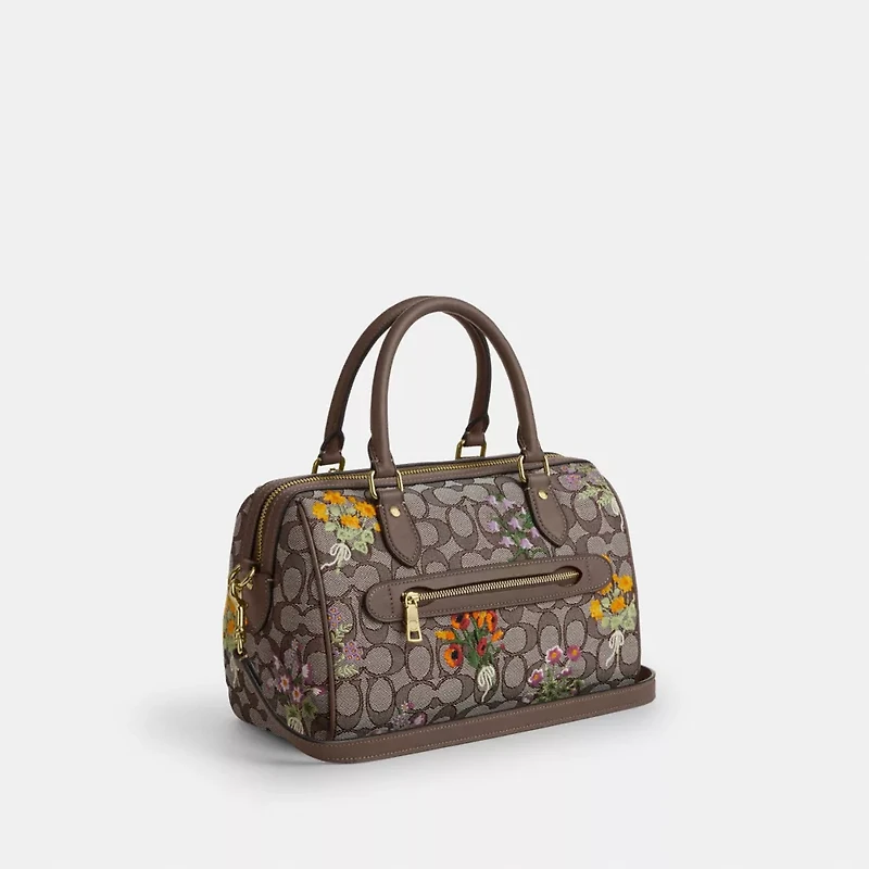 Rowan Satchel Bag In Signature Jacquard With Floral Embroidery