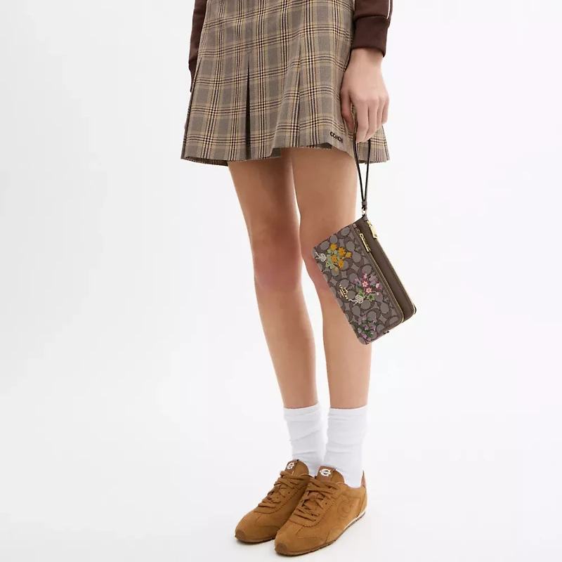 Double Zip Wristlet In Signature Jacquard With Floral Embroidery