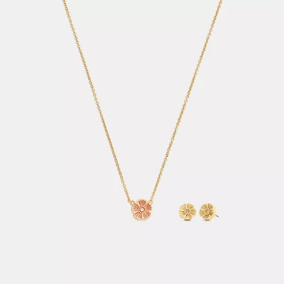 Enamel Tea Rose Earrings And Necklace Set