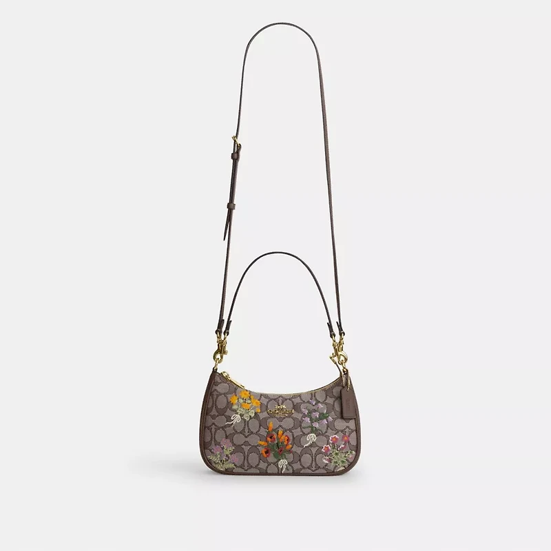 Teri Shoulder Bag In Signature Jacquard With Floral Embroidery