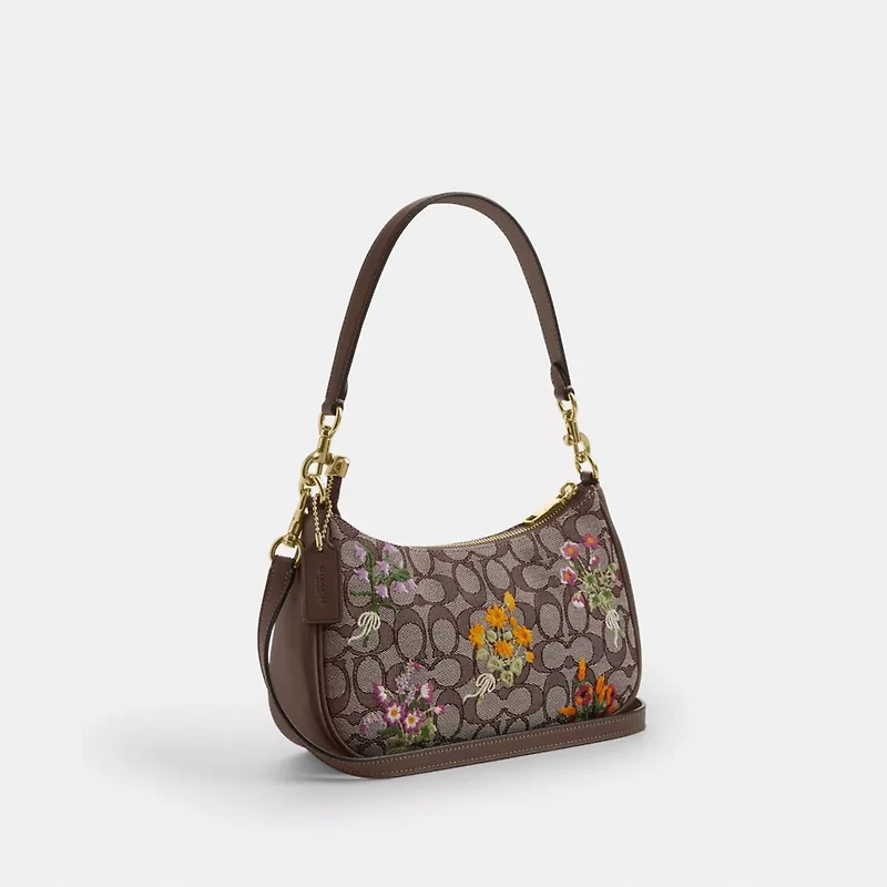Teri Shoulder Bag In Signature Jacquard With Floral Embroidery