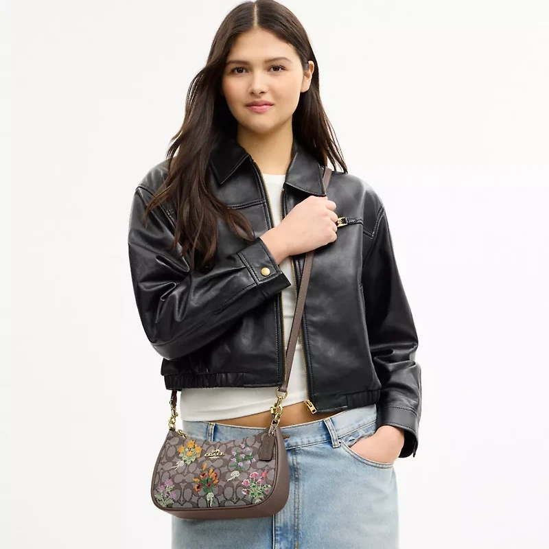 Teri Shoulder Bag In Signature Jacquard With Floral Embroidery