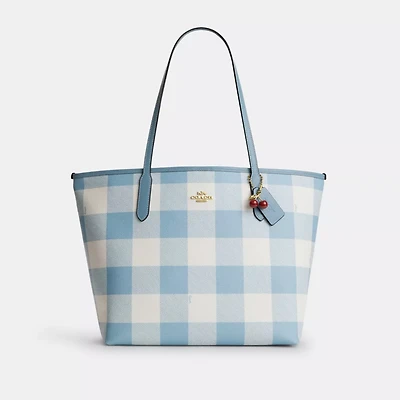 City Tote Bag With Gingham Print And Charm