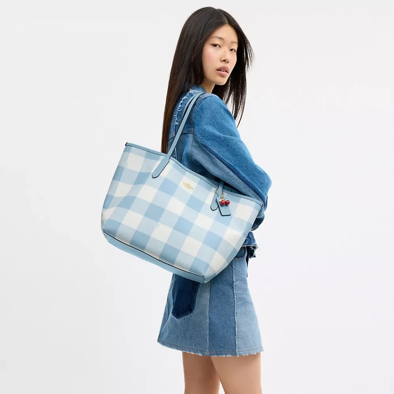 City Tote Bag With Gingham Print And Charm