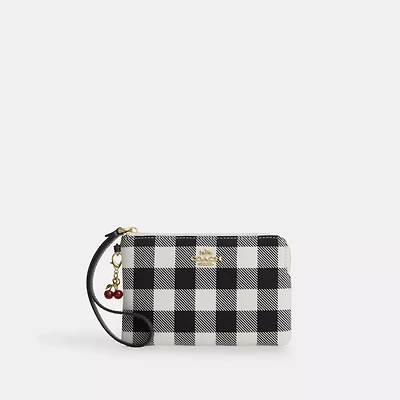Corner Zip Wristlet With Gingham Print And Charm