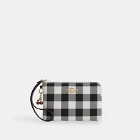 Corner Zip Wristlet With Gingham Print And Charm