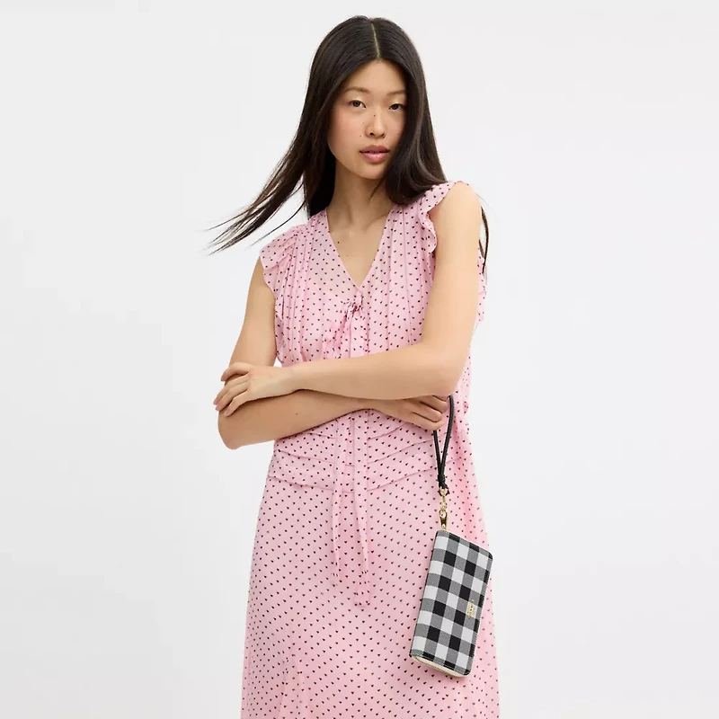 Long Zip Around Wallet With Gingham Print