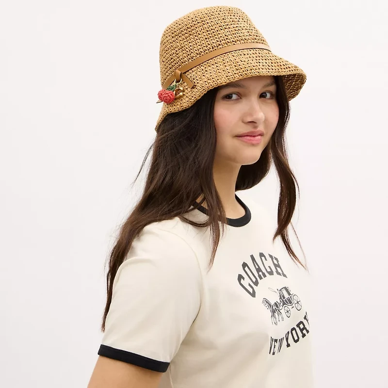 Straw Bucket Hat With Cherry Detail
