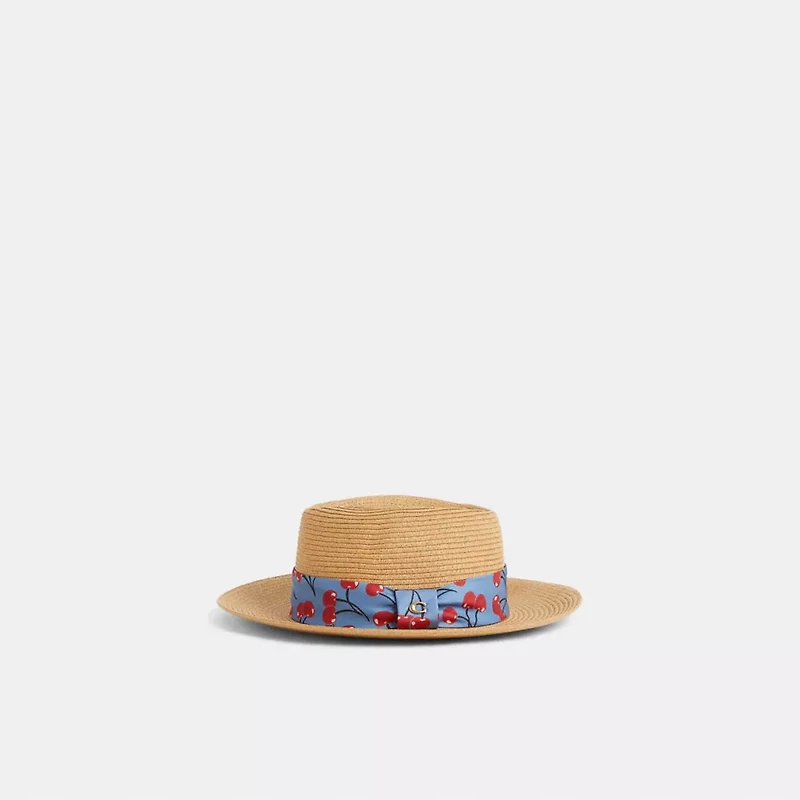 Restored Straw Brimmed Hat With Cherry Print Scarf