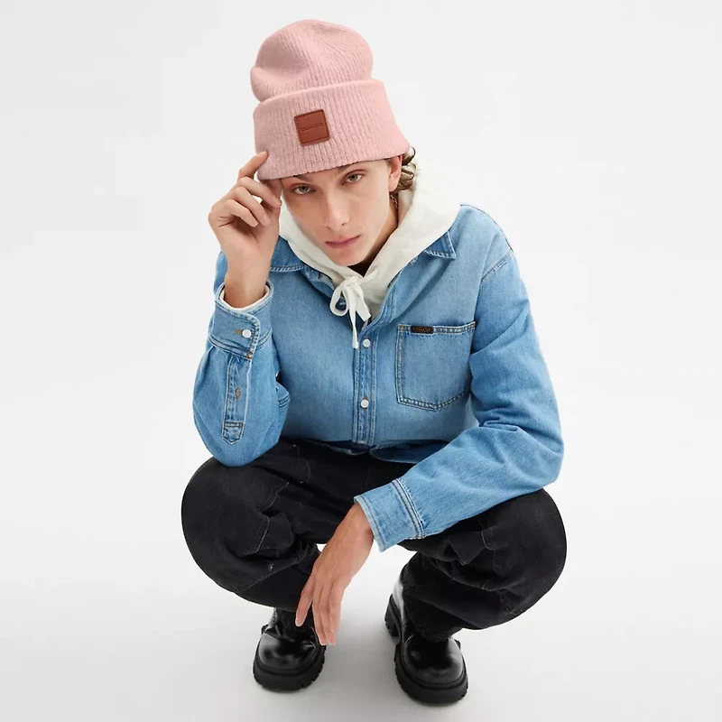 Knit Beanie With Leather Patch