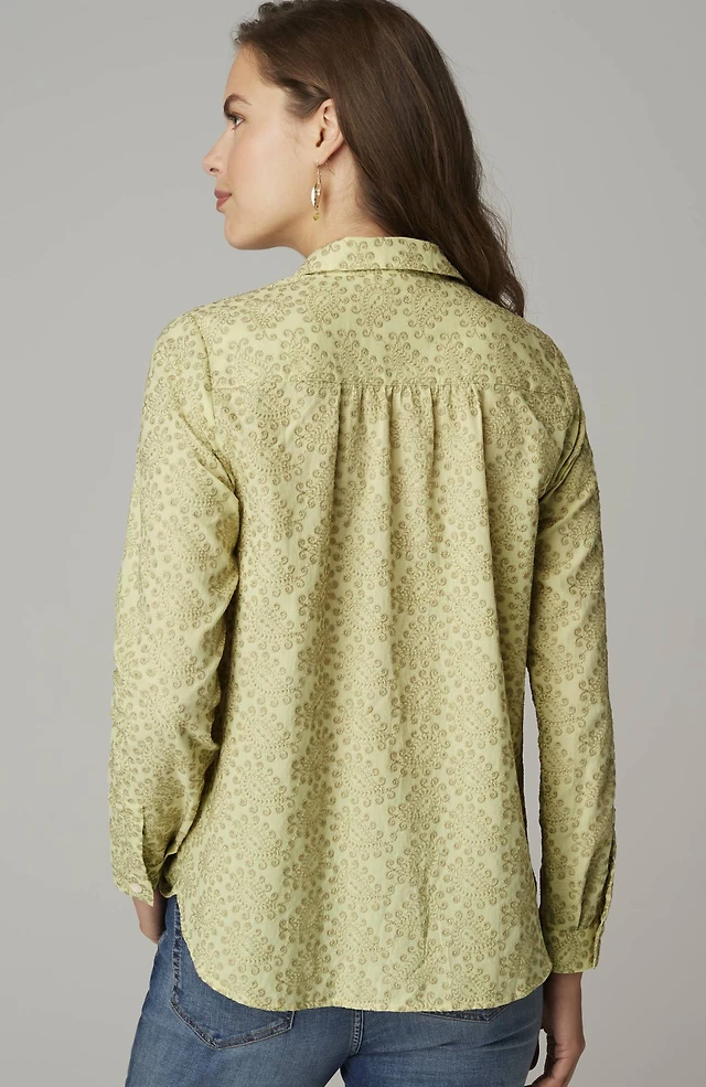 one-pocket shirred-back shirt