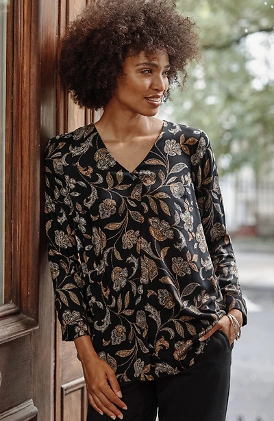 printed satin v-neck popover
