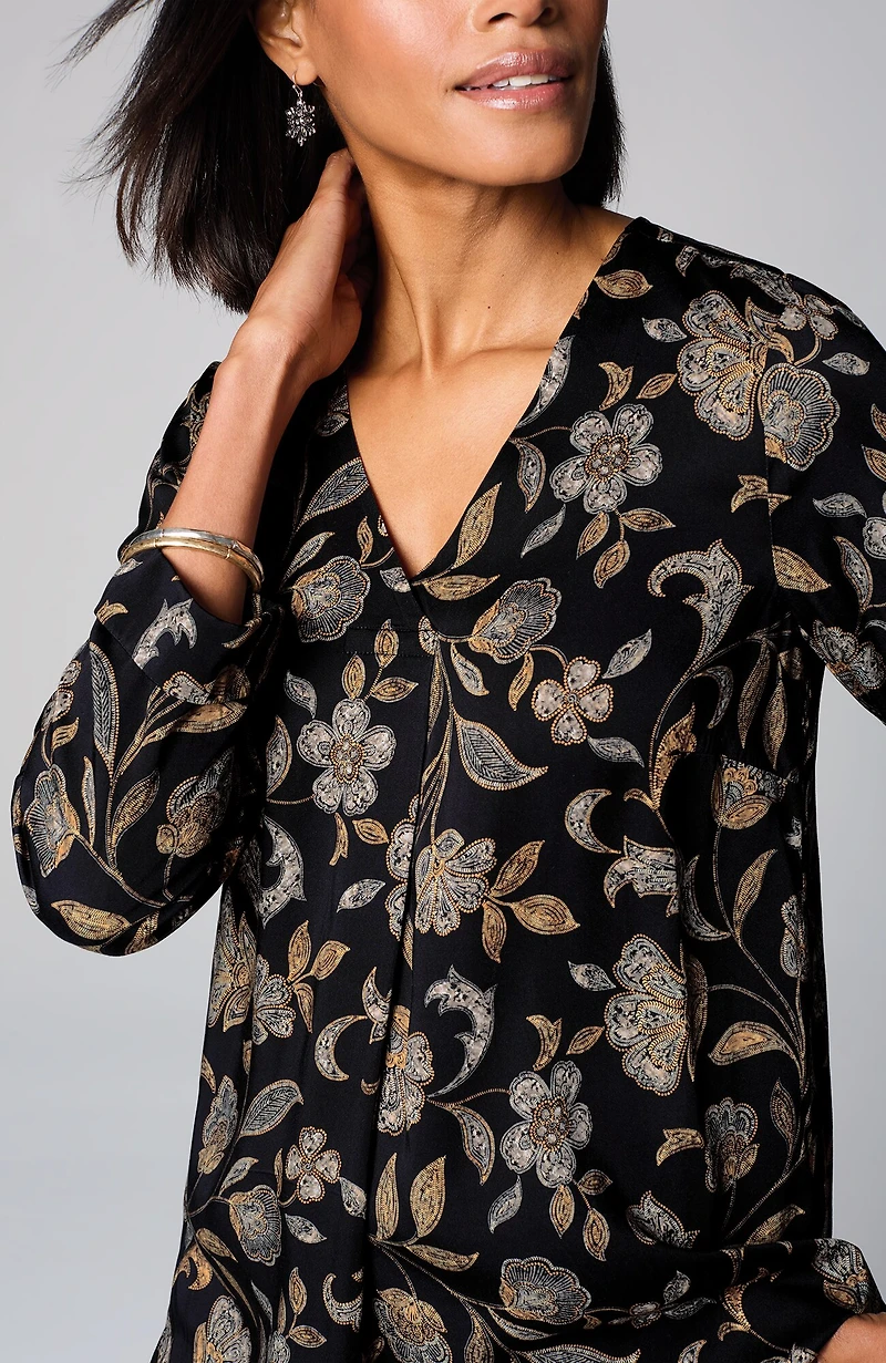 printed satin v-neck popover