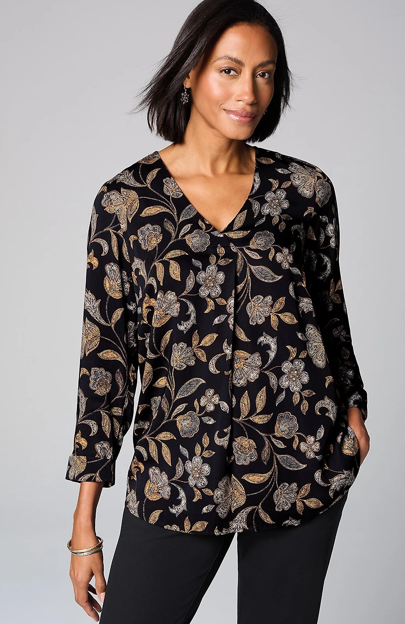 printed satin v-neck popover