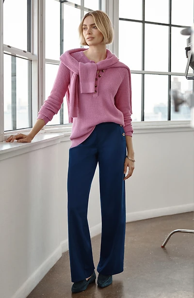 side-button wide-leg trousers