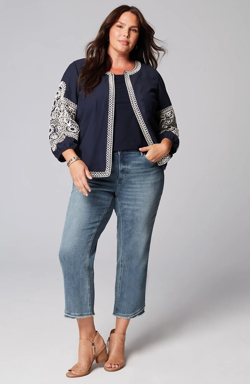 embroidered open-front a-line jacket