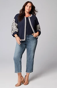 embroidered open-front a-line jacket