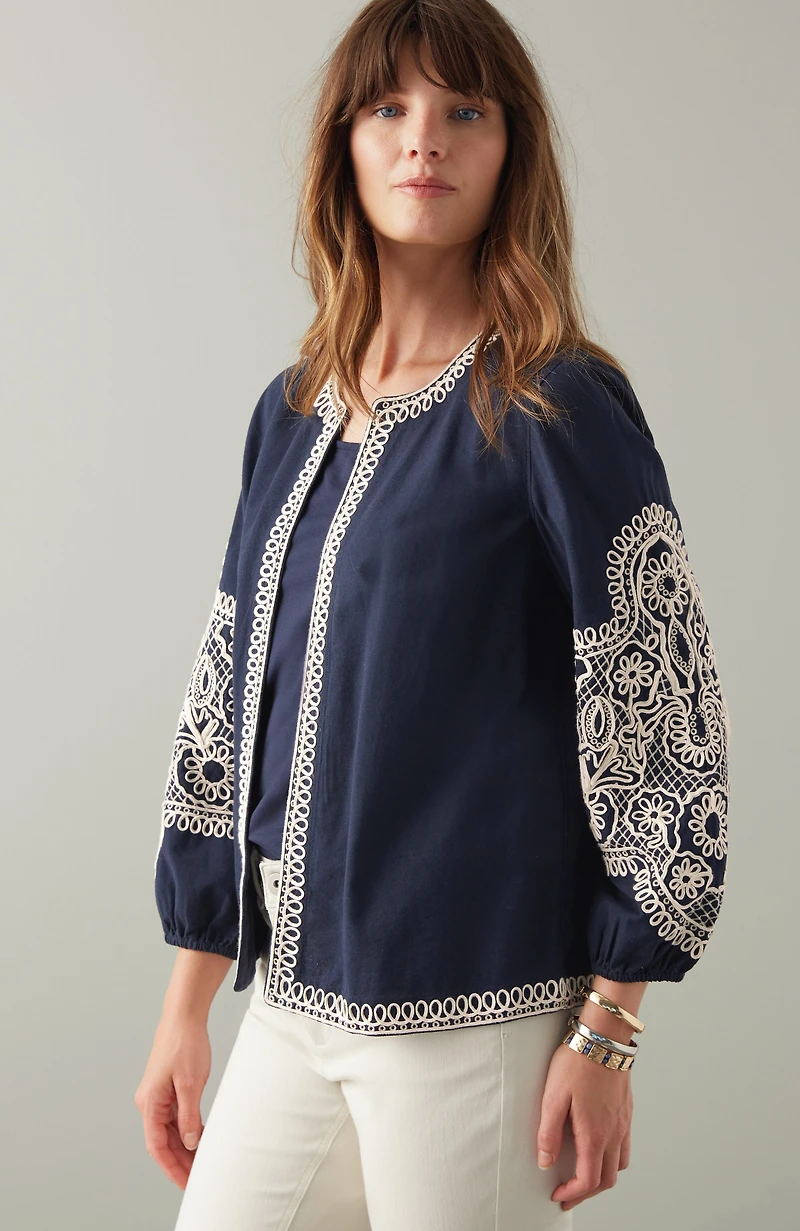embroidered open-front a-line jacket