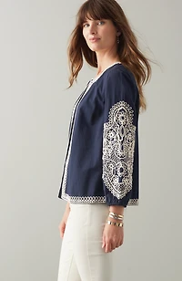 embroidered open-front a-line jacket