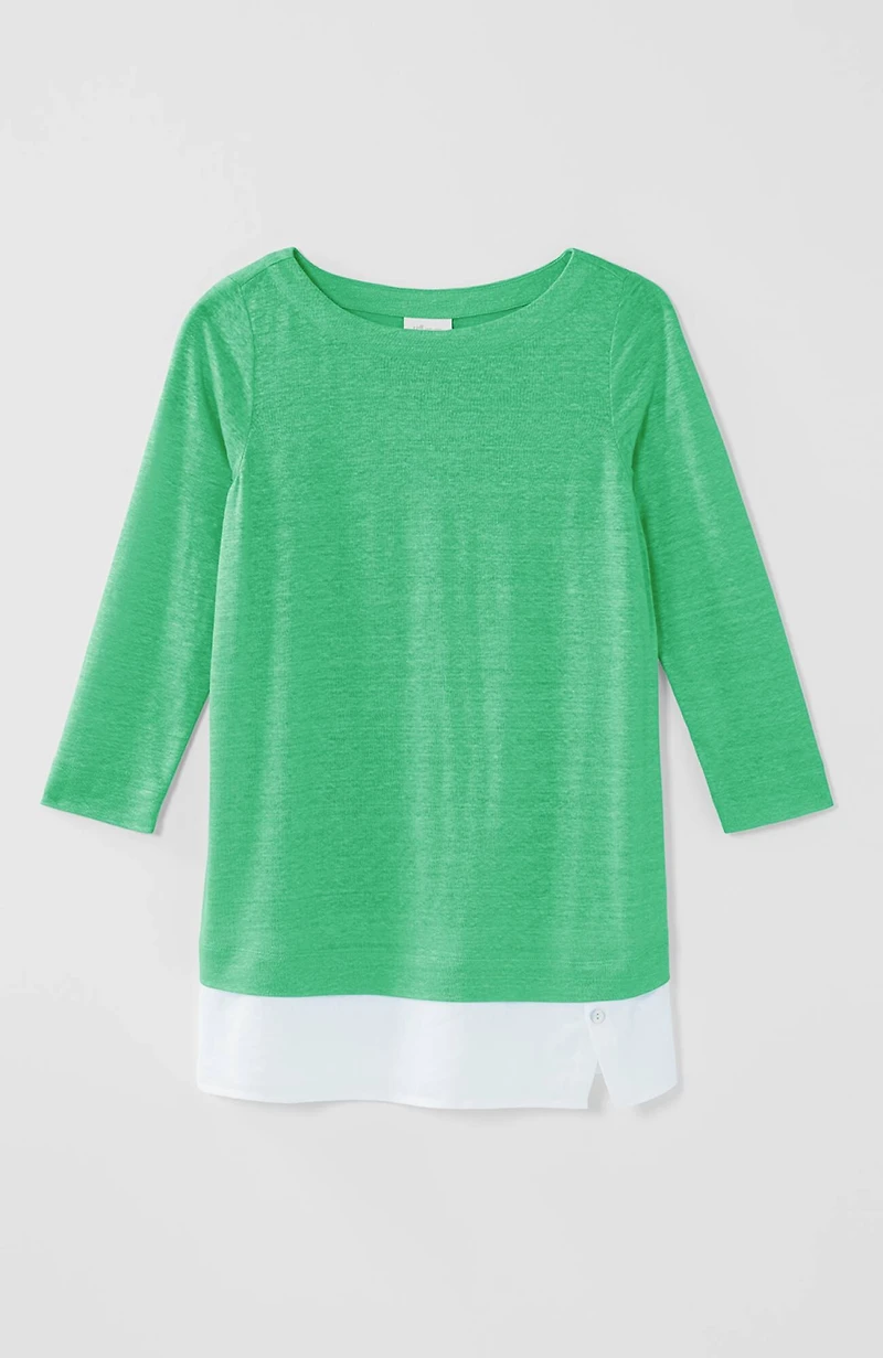 layered-hem mixed-media linen tunic