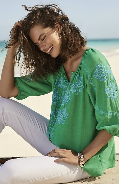 linen-blend embroidered top