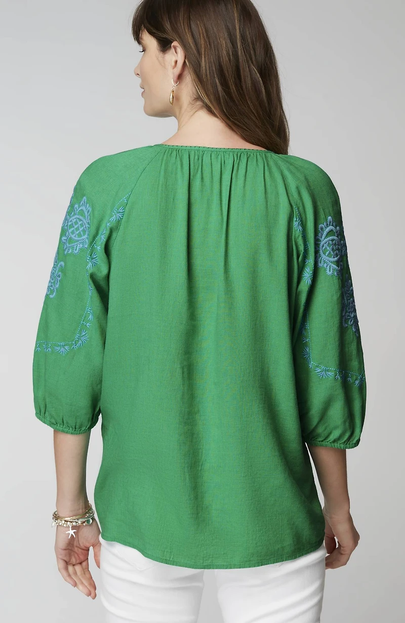 linen-blend embroidered top