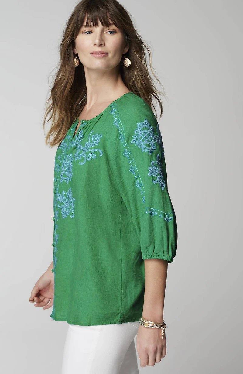 linen-blend embroidered top
