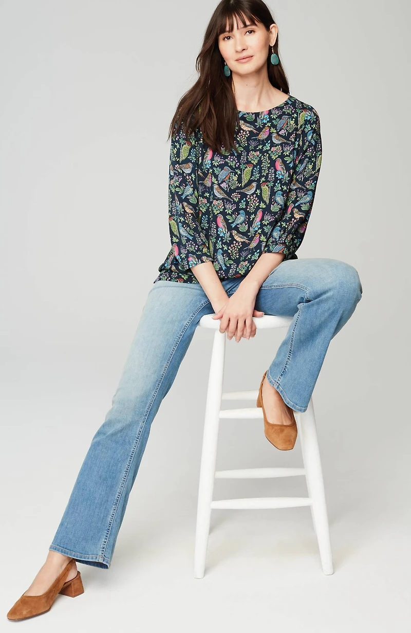bird-printed boat-neck top