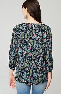 bird-printed boat-neck top