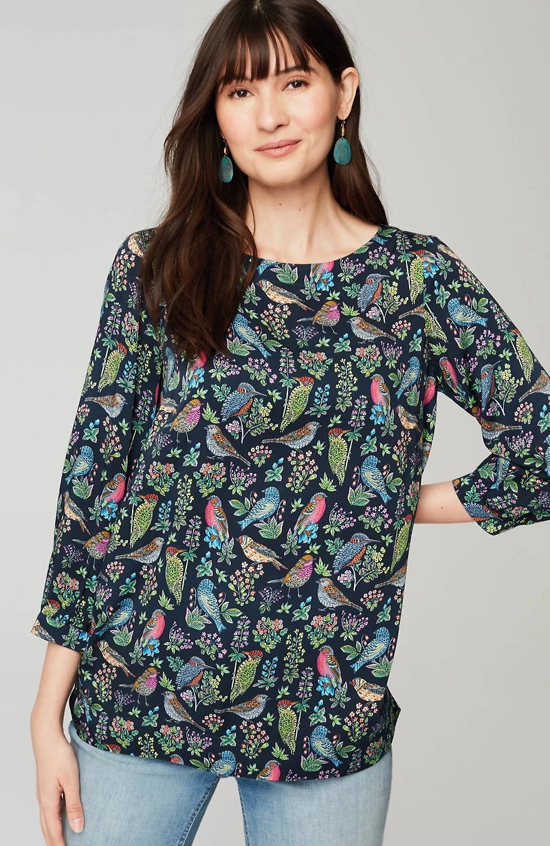 bird-printed boat-neck top