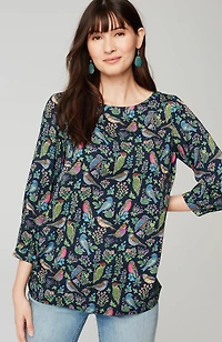bird-printed boat-neck top