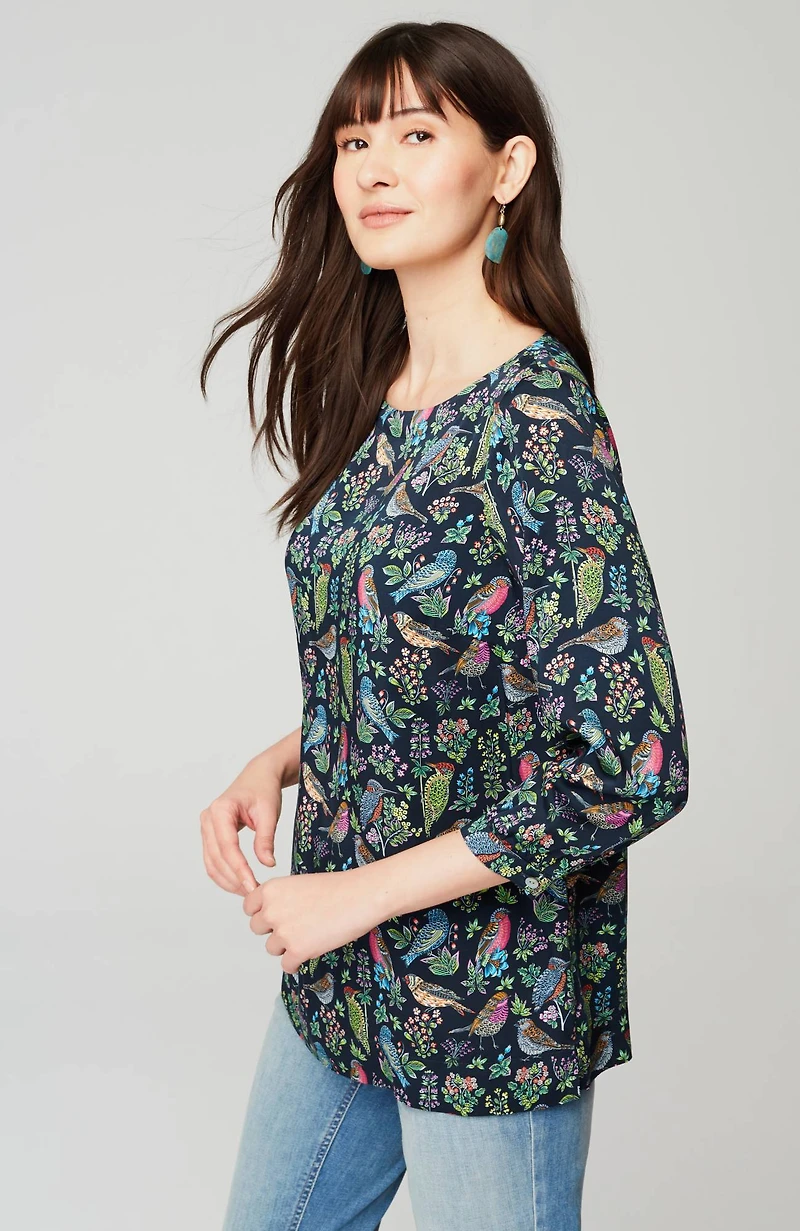 bird-printed boat-neck top