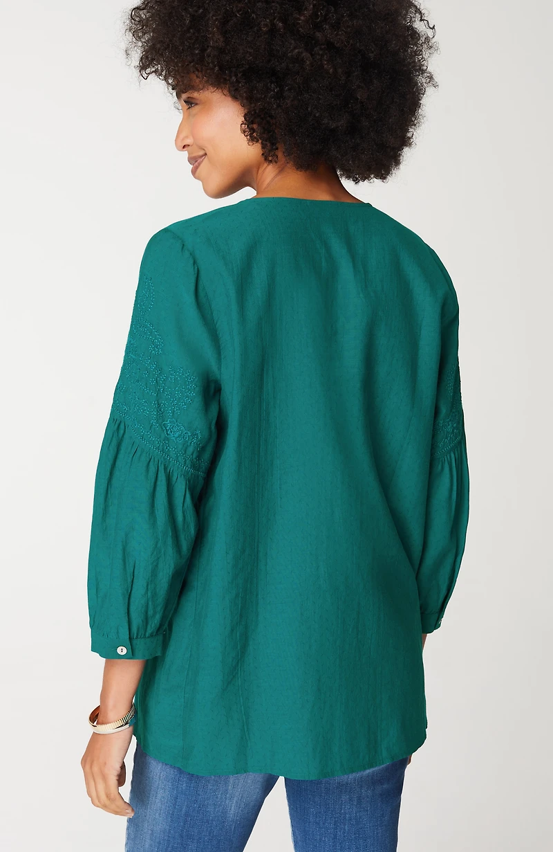 paisley-embroidered split-neck top