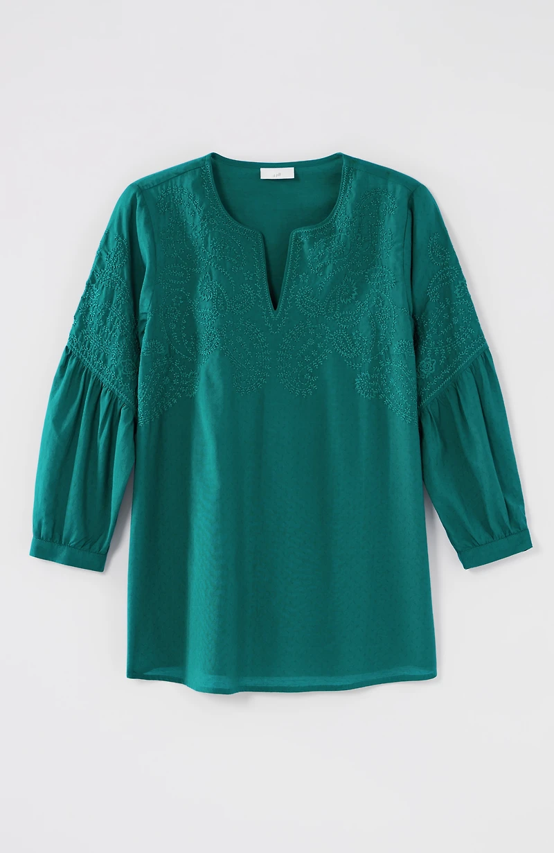 paisley-embroidered split-neck top