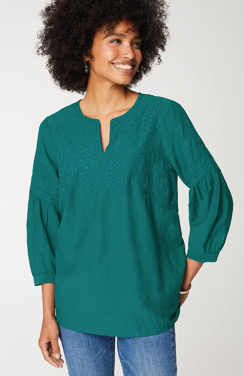 paisley-embroidered split-neck top