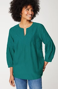paisley-embroidered split-neck top