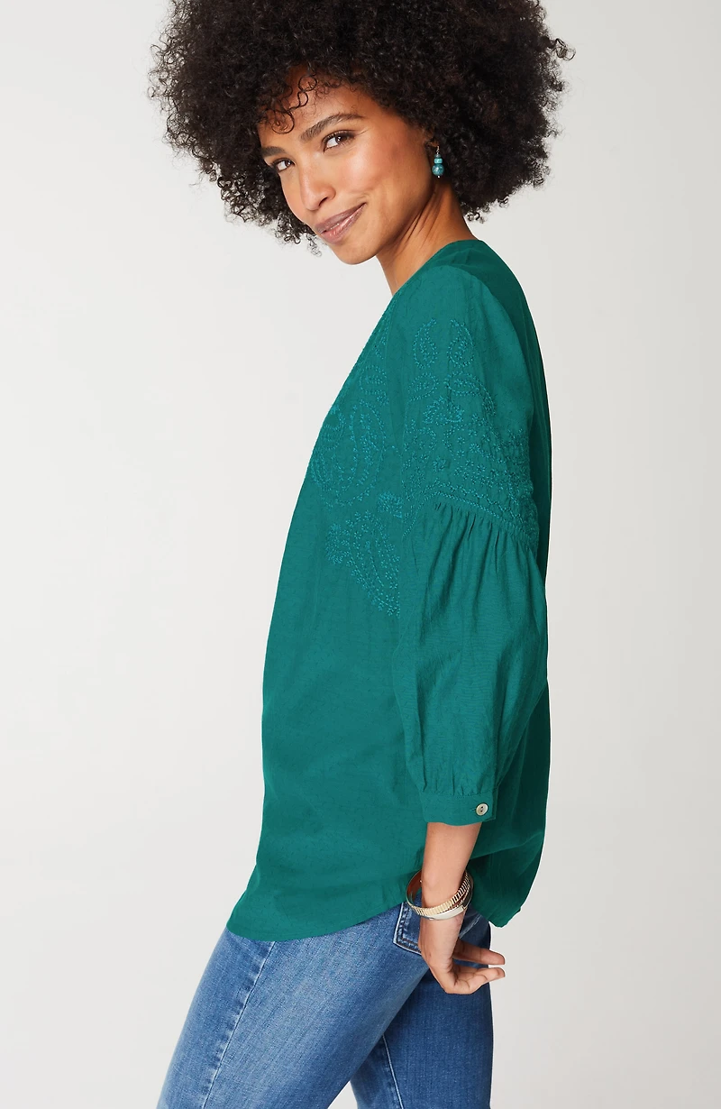 paisley-embroidered split-neck top