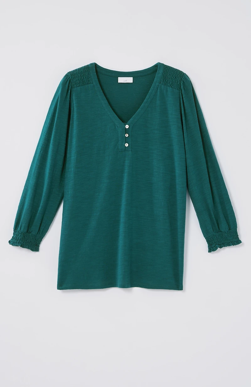 smocked-sleeve henley top