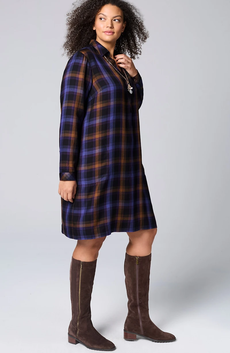 plaid split-neck dress