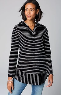 mixed-stripes hooded tunic