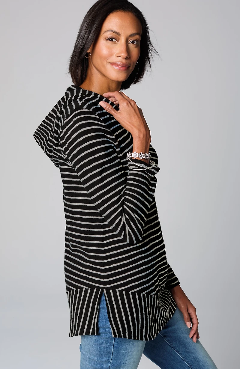 mixed-stripes hooded tunic