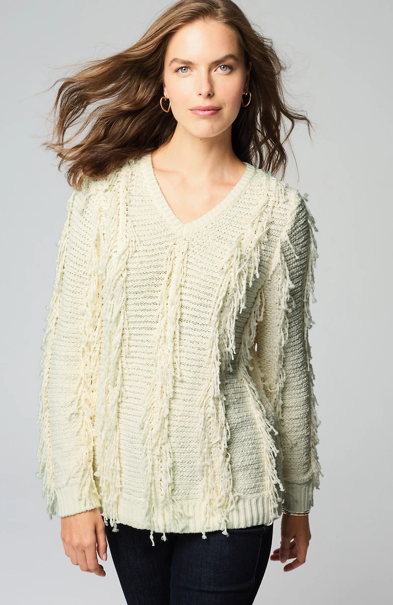 fringed v-neck sweater