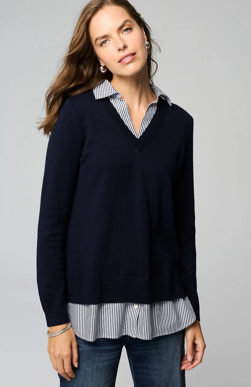 mixed-media shirt-collar sweater
